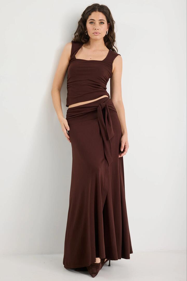 Among the Brave Status Chocolate Jersey Knot Front Maxi Skirt