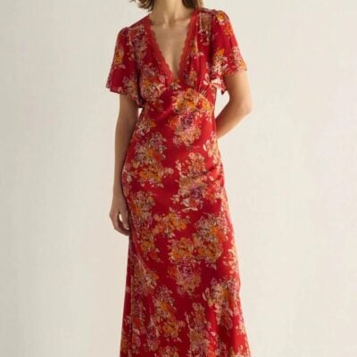 Auguste The Label Calais Red Floral Flutter Sleeve Lace V Neck Midi Dress