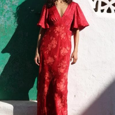 Auguste The Label Rhea Red Floral V Neck Flutter Sleeve Maxi Dress