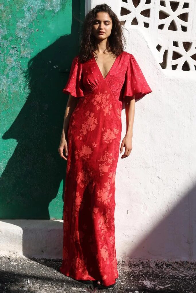 Auguste The Label Rhea Red Floral V Neck Flutter Sleeve Maxi Dress
