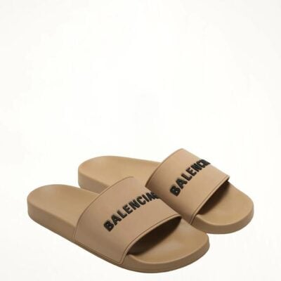 BALENCIAGA 3D Logo Pool Slide Sandal in Beige/black Beige / 40