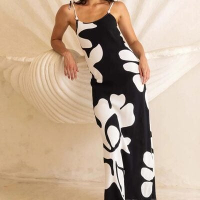 Blak Bow Black Floral Print Strappy Slip Dress