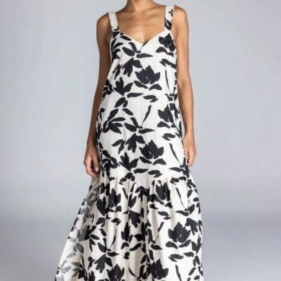 Blak Break Your Heart Ivory Black Floral Cotton Linen Strappy Maxi Dress