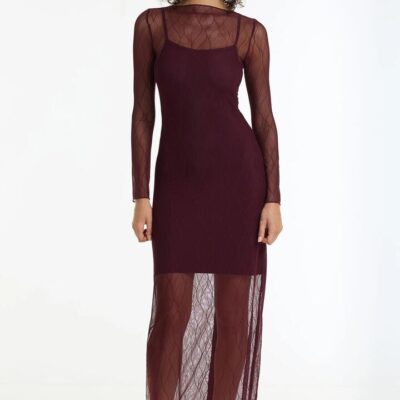 Blak Gigi Burgundy Veil Lace LS Maxi Dress
