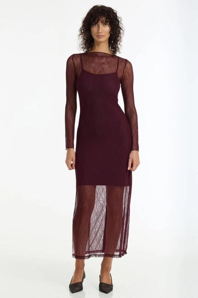 Blak Gigi Burgundy Veil Lace LS Maxi Dress