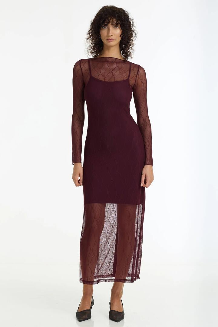 Blak Gigi Burgundy Veil Lace LS Maxi Dress