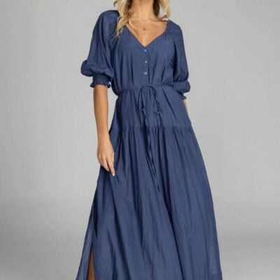 Blak Whispered Promises Navy Button Front Mid Sleeve Maxi Dress