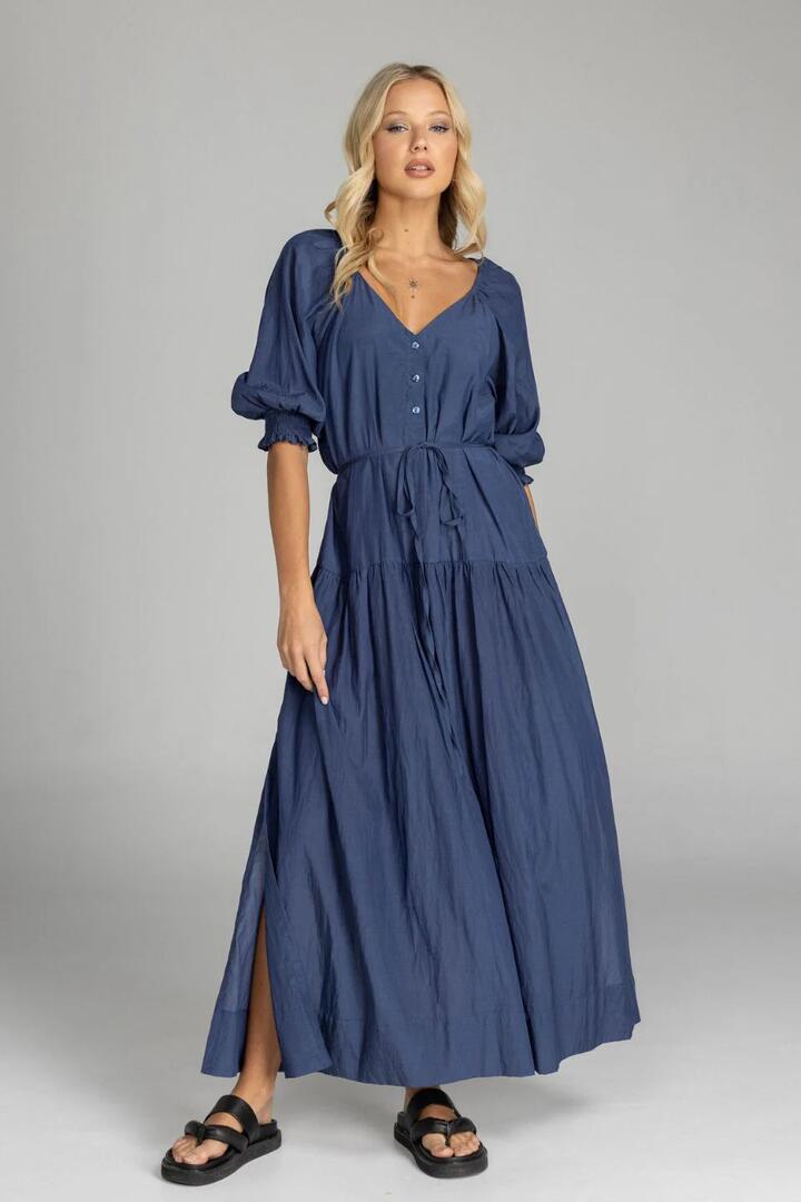 Blak Whispered Promises Navy Button Front Mid Sleeve Maxi Dress