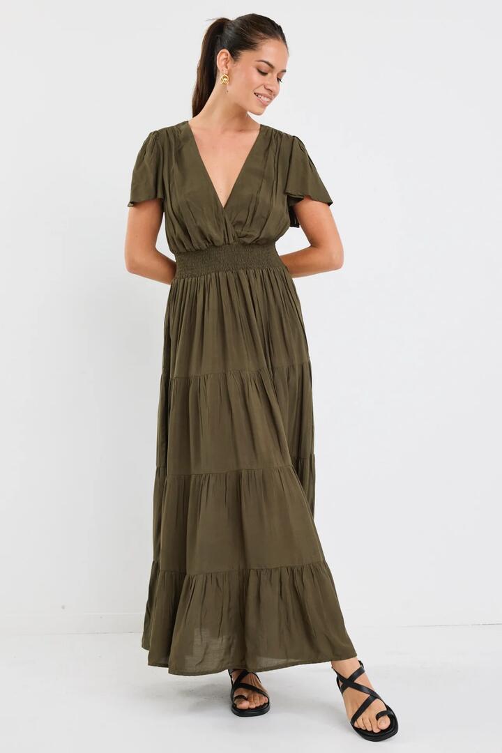 By Rosa. Devotion Olive Floaty SS Tiered Maxi Dress