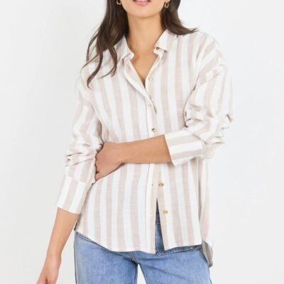 By Rosa. Reveal Taupe Stripe Tie Back Shirt
