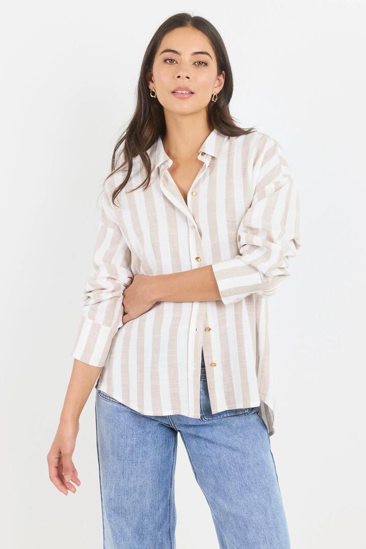 By Rosa. Reveal Taupe Stripe Tie Back Shirt