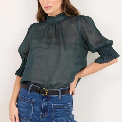 By Rosa. Verse Petrol Sheer High Neck Short Sleeve Top