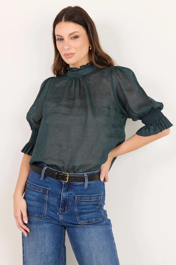 By Rosa. Verse Petrol Sheer High Neck Short Sleeve Top
