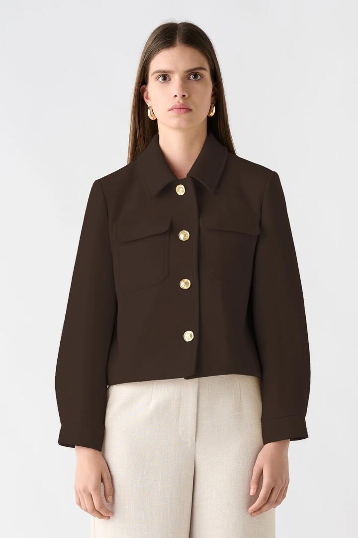 Esmaee Capture Chocolate Wool Blend Gold Button Jacket