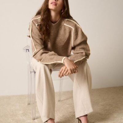 Esmaee Getaway Mocha Contrast Ivory Piping Knit Sweater