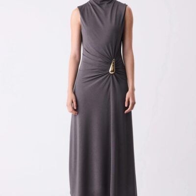 Esmaee Layout Charcoal Gold Hardware Sleeveless Maxi Dress