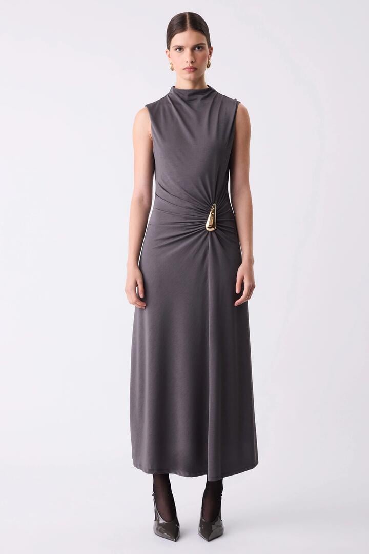 Esmaee Layout Charcoal Gold Hardware Sleeveless Maxi Dress