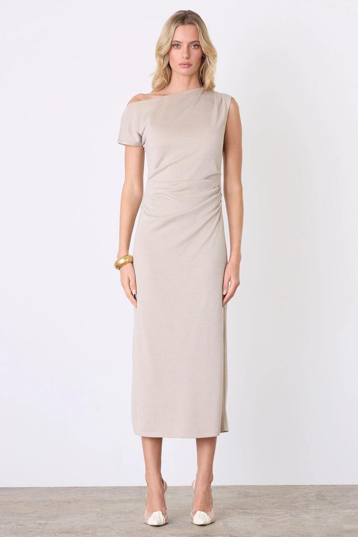 Esmaee Lunar Gold Metallic Off Shoulder Midi Dress