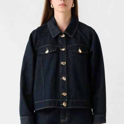 Esmaee Memphis Dark Indigo Denim Gold Feature Button Denim Jacket