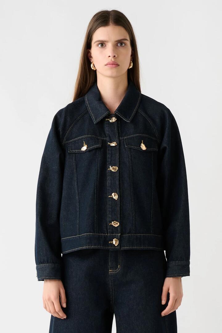 Esmaee Memphis Dark Indigo Denim Gold Feature Button Denim Jacket