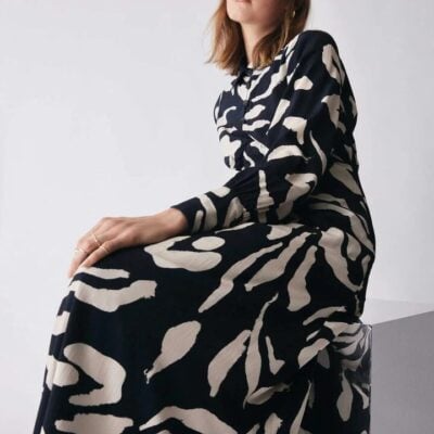 Esmaee Soiree Black Pattern Front Button LS Maxi Dress