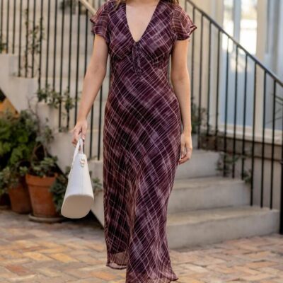 Georgia Zoe Admiration Burgundy Check Print Georgette Flutter Sleeve Maxi Dress