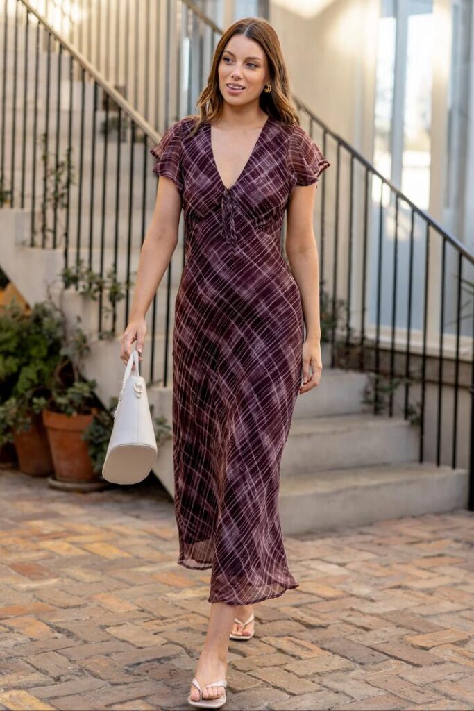 Georgia Zoe Admiration Burgundy Check Print Georgette Flutter Sleeve Maxi Dress
