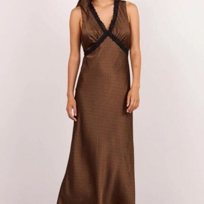 Georgia Zoe Castle Chocolate Polka Dot Satin Lace Trim Maxi Dress