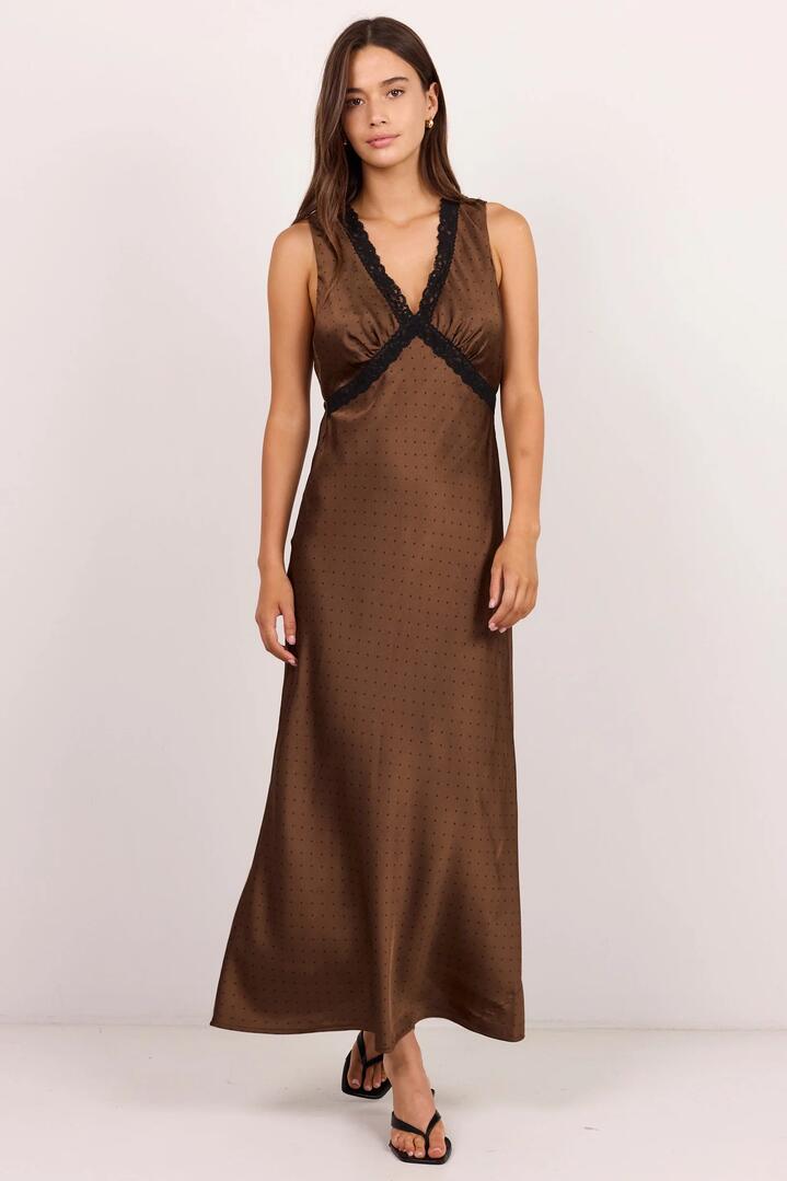 Georgia Zoe Castle Chocolate Polka Dot Satin Lace Trim Maxi Dress