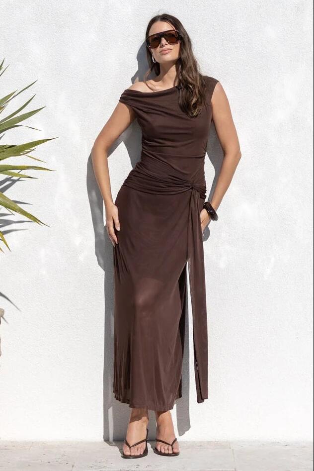 Georgia Zoe Monarch Chocolate Mesh Off Shoulder Maxi Dress