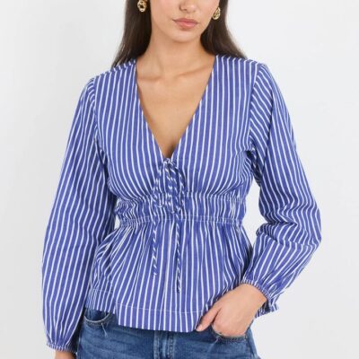 Ivy + Jack Belief Blue Stripe V Neck Fit and Flare Long Sleeve Top