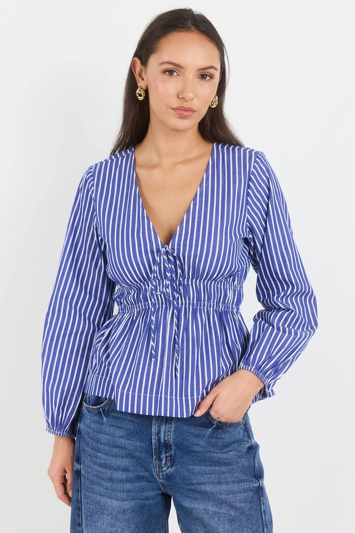 Ivy + Jack Belief Blue Stripe V Neck Fit and Flare Long Sleeve Top