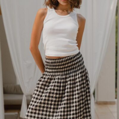 Ivy + Jack Cheerful Black Gingham Cotton Shirred Waist Maxi Skirt