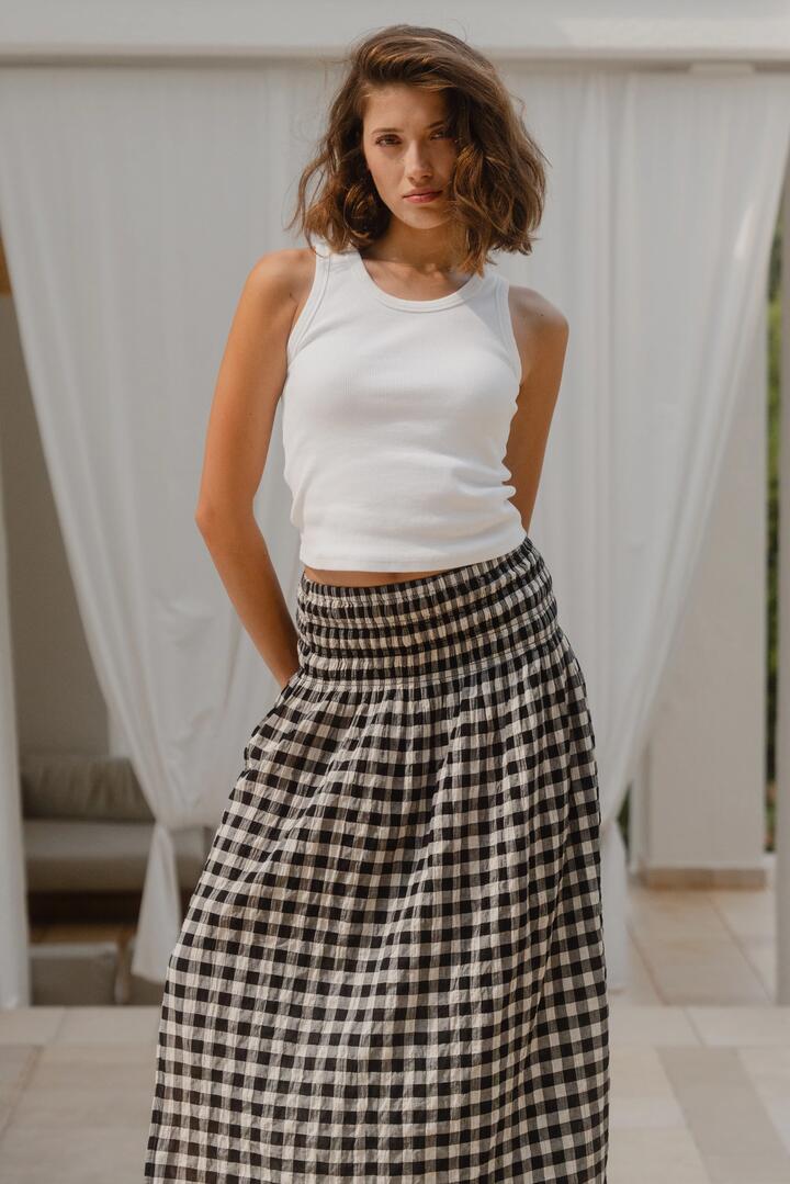 Ivy + Jack Cheerful Black Gingham Cotton Shirred Waist Maxi Skirt