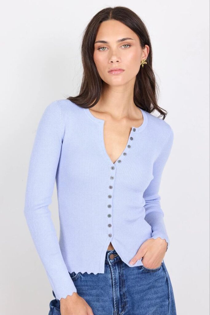 Ivy + Jack Ditto Ice Blue Button Front Rib Knit Long Sleeve Top