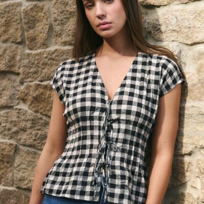 Ivy + Jack Nouveau Black Gingham Tie Front Top