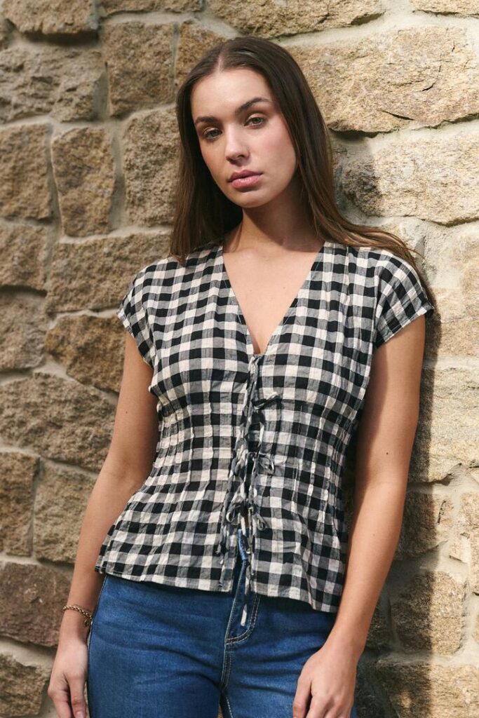 Ivy + Jack Nouveau Black Gingham Tie Front Top