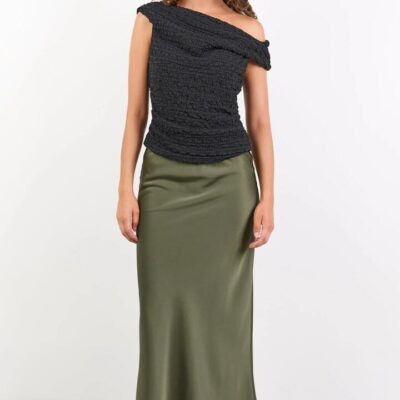 Ivy + Jack Rosette Khaki Satin Bias Midi Skirt