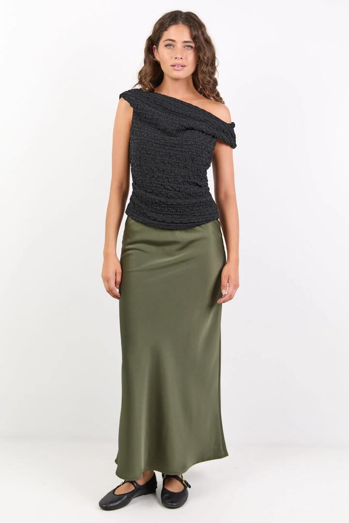 Ivy + Jack Rosette Khaki Satin Bias Midi Skirt