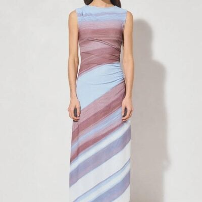 Mon Renn Chroma Blue Asymetric Dusk Stripe Mesh Sleeveless Maxi Dress