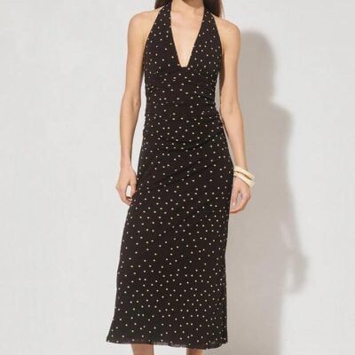 Mon Renn Halston Chocolate Polka Dot Mesh Halter Midi Dress
