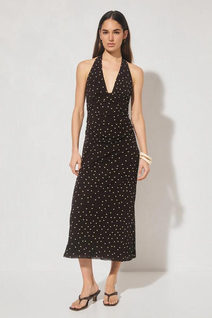 Mon Renn Halston Chocolate Polka Dot Mesh Halter Midi Dress