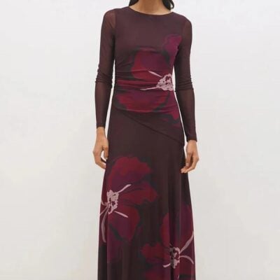 Mon Renn Lima Cherry Floral LS Mesh Maxi Dress