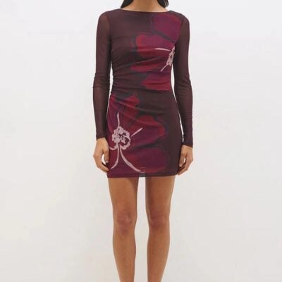 Mon Renn Lima Cherry Floral LS Mesh Mini Dress