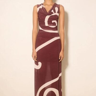 Mon Renn Sierra Plum Swirl Sleeveless Cowl Neck Mesh Maxi Dress