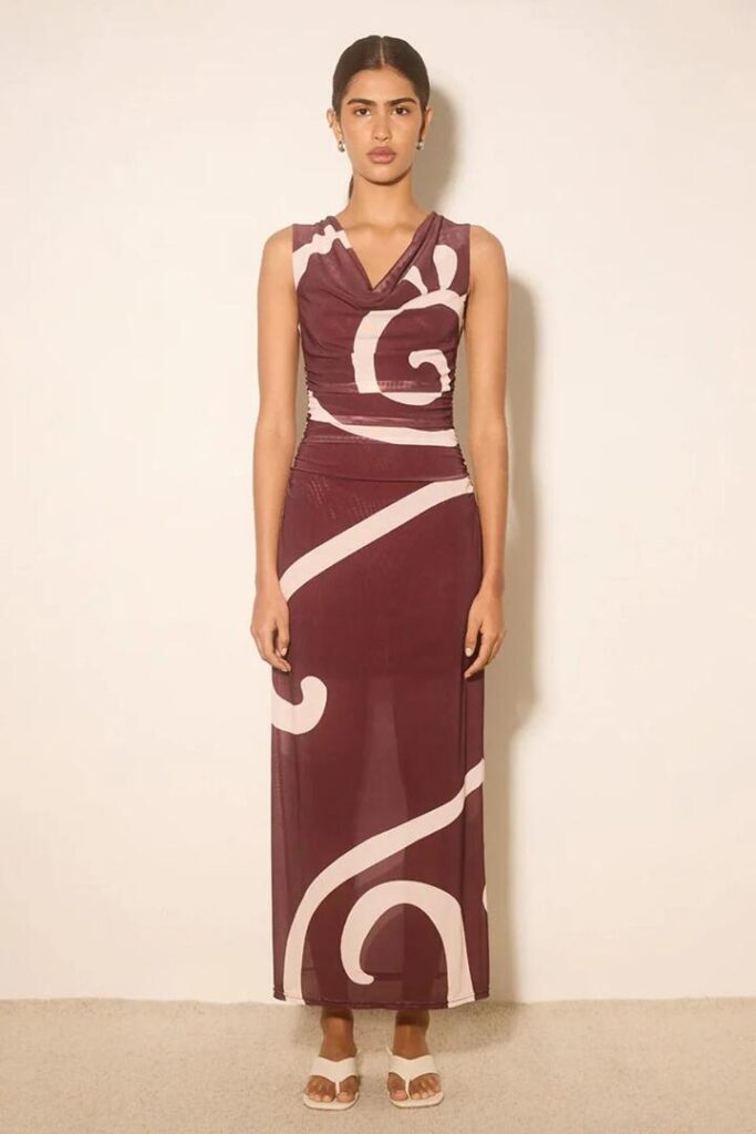 Mon Renn Sierra Plum Swirl Sleeveless Cowl Neck Mesh Maxi Dress