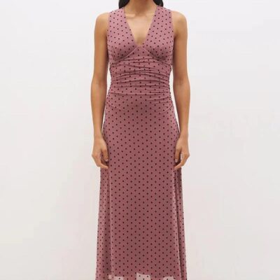Mon Renn Sonata Rosewood Black Flocked Spot Sleeveless V Neck Mesh Maxi Dress
