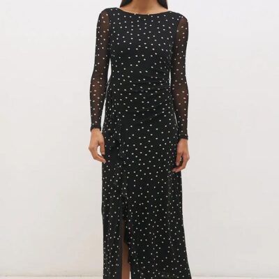 Mon Renn Vesper Black Polka Dot Front Gather Mesh LS Mini Dress