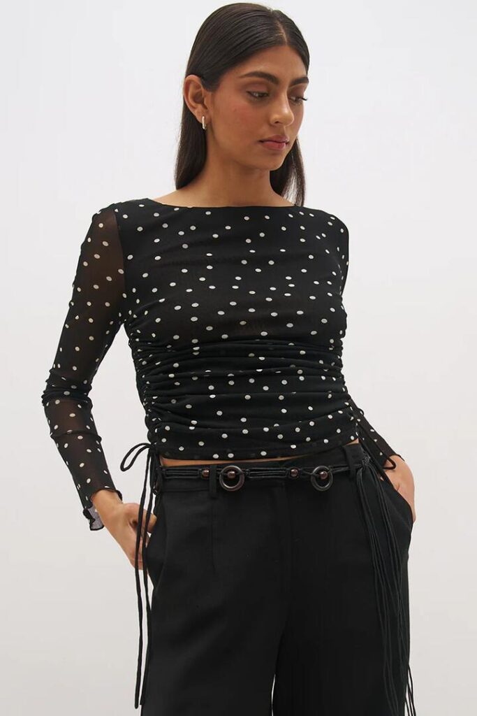Mon Renn Vesper Black Polka Dot Side Gather Mesh LS Top