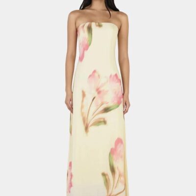 Ownley Acacia Golden Drift Floral Print Strapless Maxi Dress